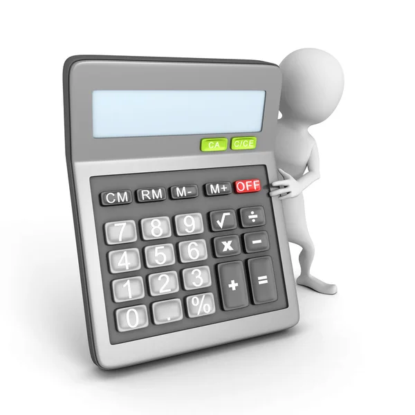 Hombre blanco 3d carácter con calculadora de oficina — Foto de Stock