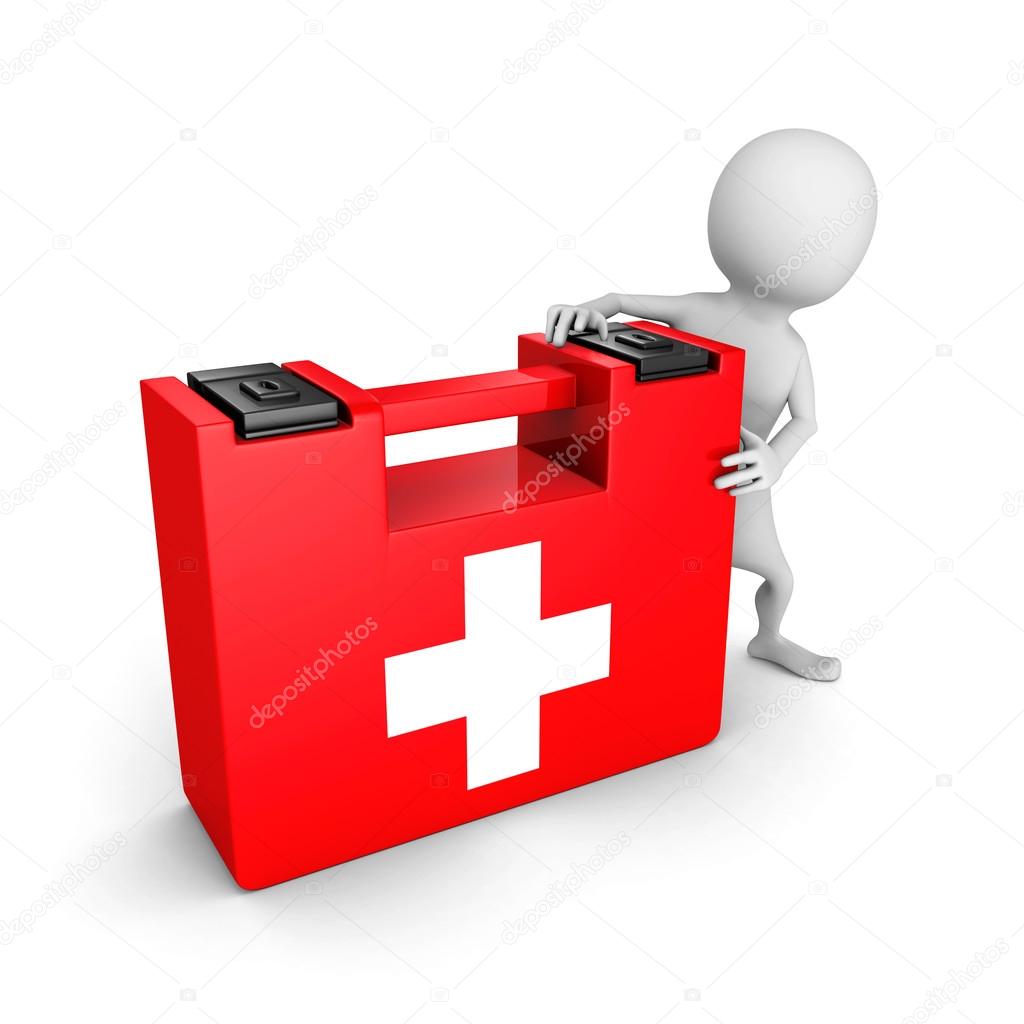 white 3d man with red first aid kit box
