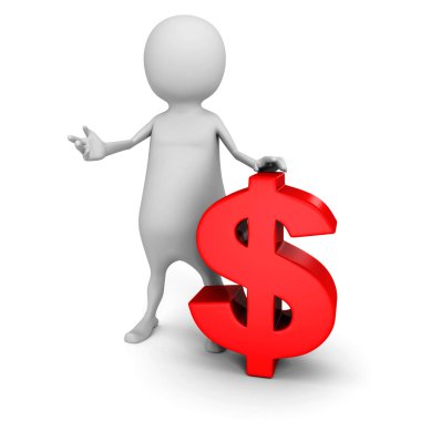 Kırmızı Doları para birimi simgesi olan beyaz 3d adam
