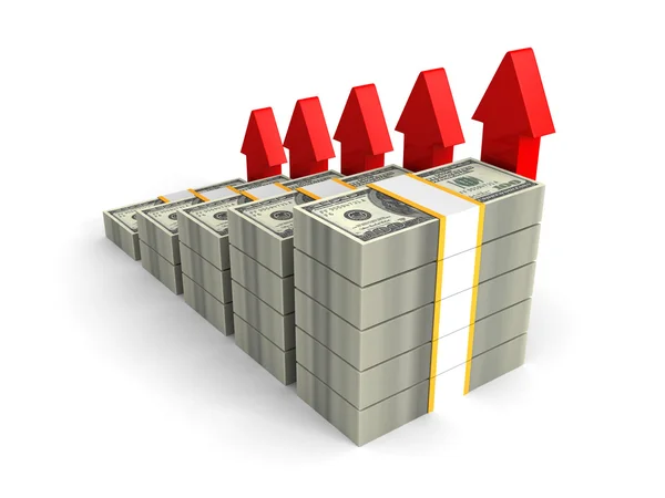 Dollar packs bar graph with rising up red arrows — Stock Photo, Image