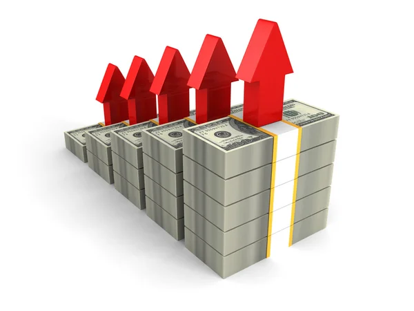 Dollar packs bar graph with rising up red arrows — Stock Photo, Image