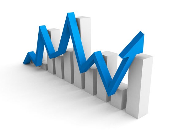 business financial bar graph with rising up blue arrow