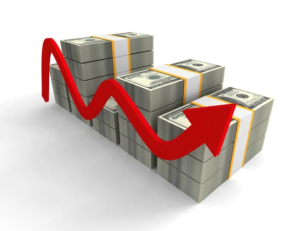 Rising hundred dollar packs bar chart graph with red arrow — Stock Photo, Image