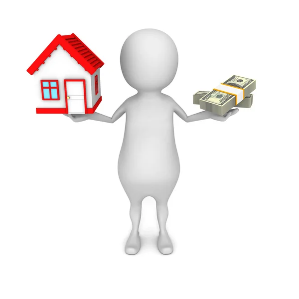 White 3d man choice money or house in balance — Stock Photo, Image