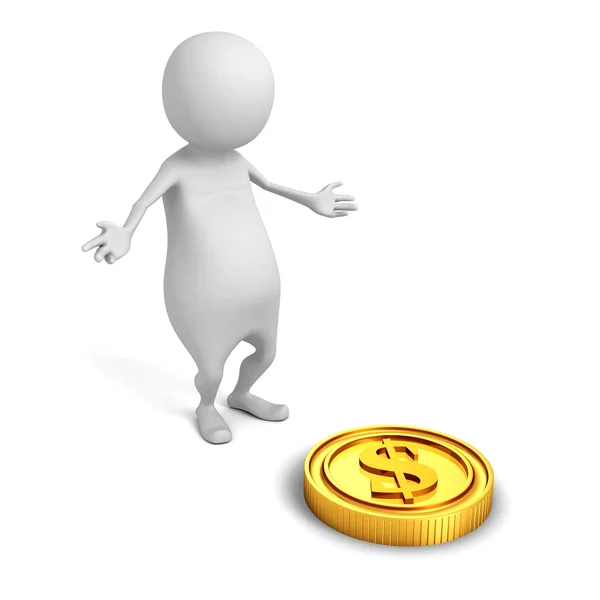 3d man find golden dollar coin. — Stock Photo, Image