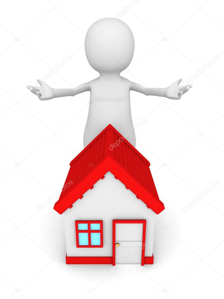 3d man with red roof house welcome gesture
