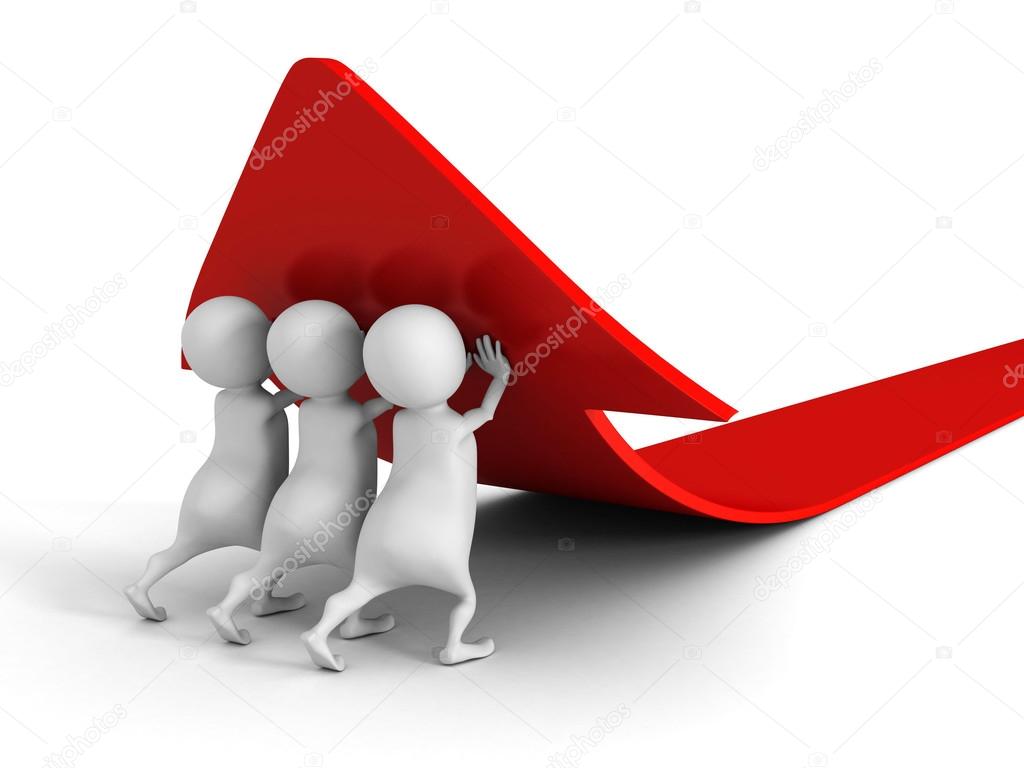 3d people pushing up red rising arrow