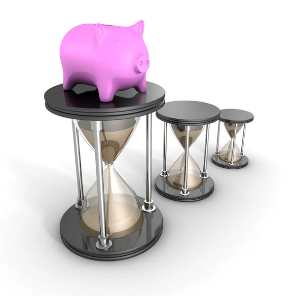 Piggy Bank Sandglasses hora branca — Fotografia de Stock