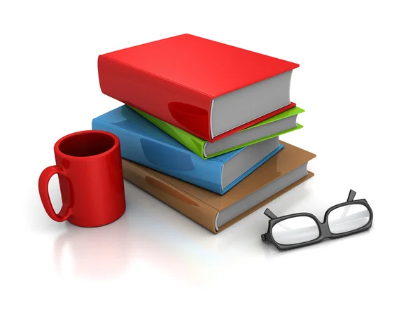 Stapel Bücher mit Kaffeebecher und Gläsern — Stockfoto