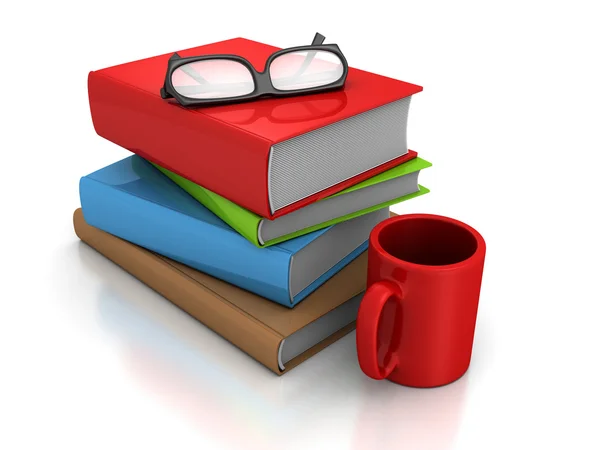 Montón de libros con taza y gafas — Foto de Stock