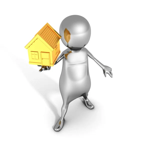 3d Man Hold Small Golden House — Stock Photo, Image