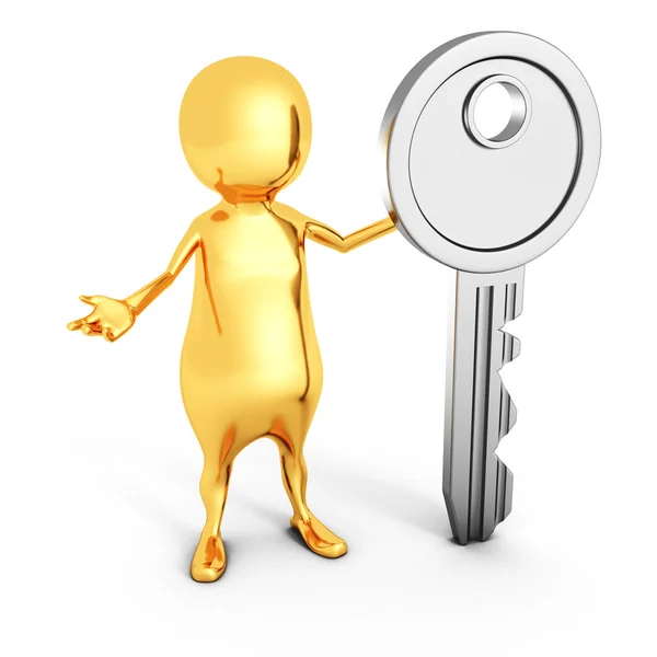 Golden 3d Man with Standing Security Key — стоковое фото