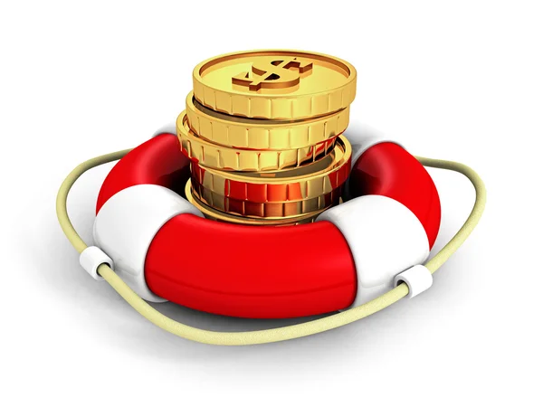 Денежные монеты в красном спасательном круге — стоковое фото