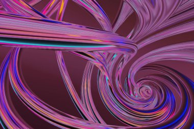 Karanlık bir arka planda bükülmüş neon çizgilerin soyut girdabı. 3d hazırlayıcı.