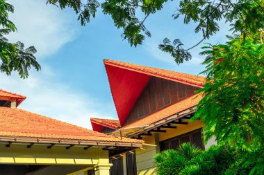 Kırmızı kiremitli çatılar ve mavi gökyüzüne karşı yeşil yapraklar..