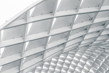 Kavisli geometrik ızgara tasarımı gri ve beyaz tonlarda modern mimari yapı.