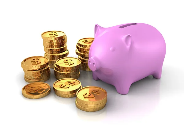 Piggy Money Bank With Piles Of Coins — Stock Photo, Image