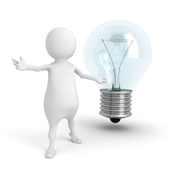 White 3d Man Presents Light Bulb. Idea Concept — Stock Photo, Image