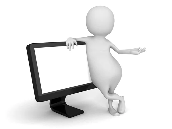 Blanc 3d homme avec ordinateur PC moniteur — Photo