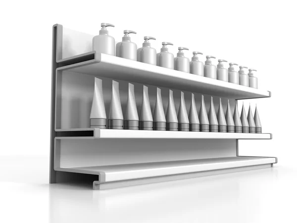 Market Shop Shelves With Bottles And Tubes — Stock Photo, Image