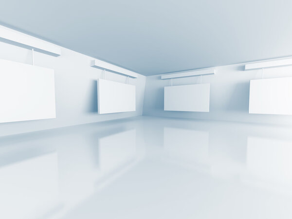 Интерьер галереи с пустыми рамами на стене
