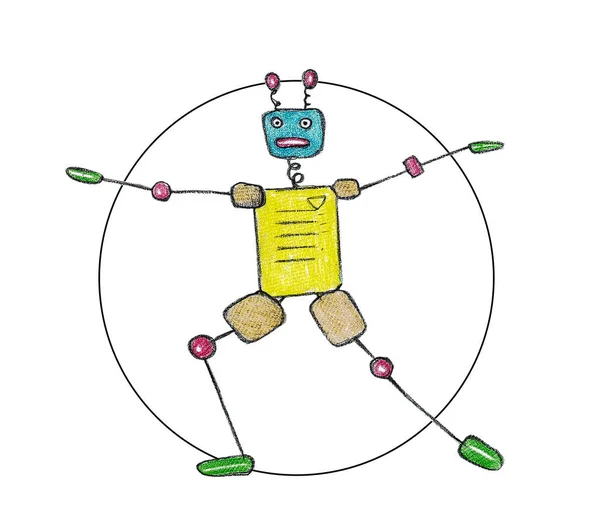 a robot with colored pencils in a cartoon manner performing sports exercises with its arms at its sides