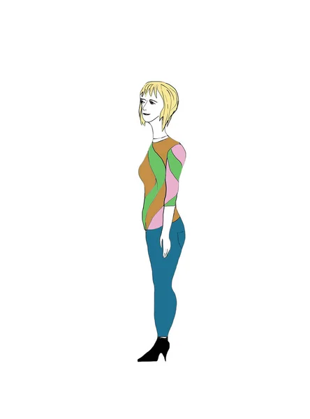 Desenho Uma Mulher Com Cabelo Curto Jeans Uma Blusa Colorida — Fotografia de Stock