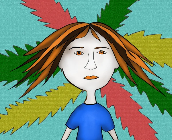 cartoon girl in a blue t-shirt and brown hair with highlights on a background with colorful patterns