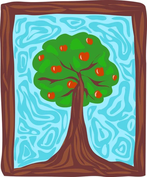 Un marco de madera oscura en el interior que se dibuja un manzano con una corona verde, raíces grandes ramificadas y manzanas rojas — Vector de stock