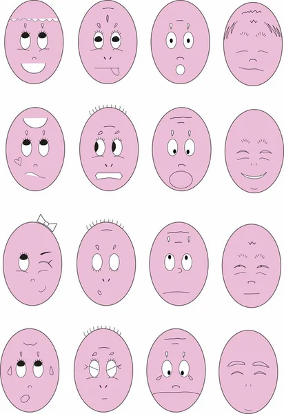 Un grupo de divertidas caras de dibujos animados de color rosa con diferentes emociones y rasgos faciales — Archivo Imágenes Vectoriales