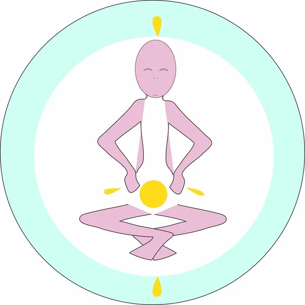 Fantasía de dibujos animados criatura rosa haciendo yoga en círculo blanco con contorno azul — Vector de stock