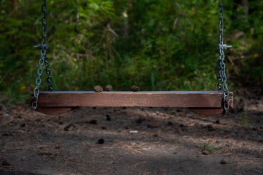 Zincirlerle sallan Ormanda tahta koltukla