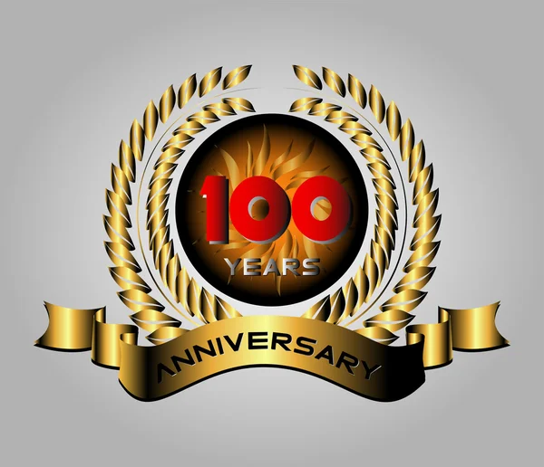 100 anni di etichetta d'oro anniversario con nastri, illustrazione vettoriale — Vettoriale Stock