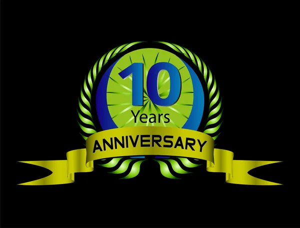 10 年周年 - 緑の月桂樹のリース リボン付きシール — ストックベクタ