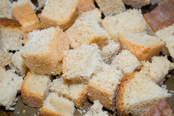 Close White Wheat Bread Croutons Being Dried Baking Sheet — Stock Photo, Image