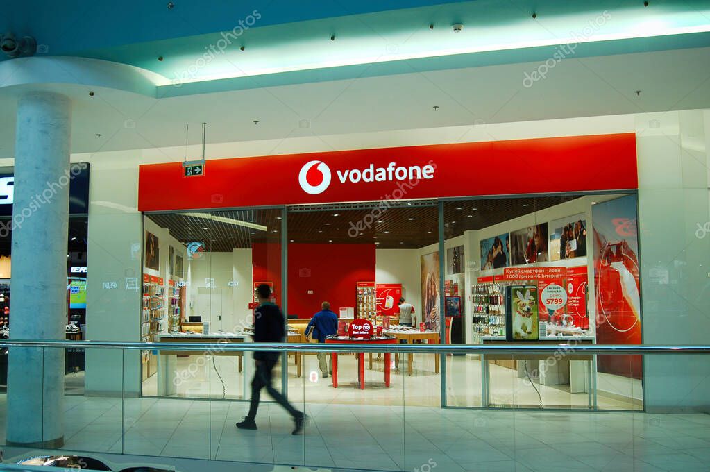 Kyiv, Ukraine, 10/03/2019. Shop and the logo of the brand Vodafone, in a large shopping mall