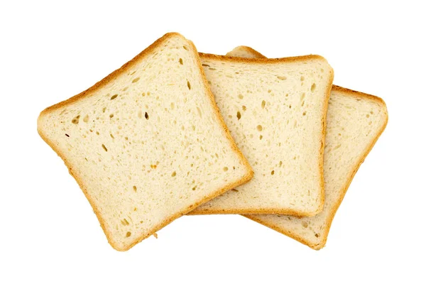 Τρεις Φρυγανισμένες Φέτες Ψωμιού Για Πρωινό Απομονωμένες Λευκό Φόντο — Φωτογραφία Αρχείου