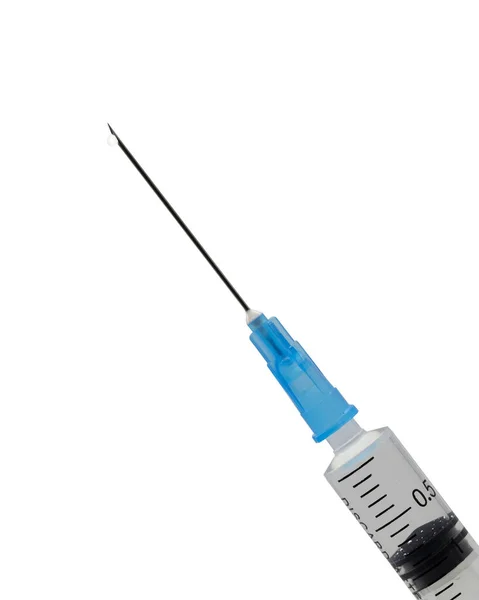 Lékařská Stříkačka Injekčním Roztokem Bílém Pozadí Injekční Stříkačka Vakcinací — Stock fotografie