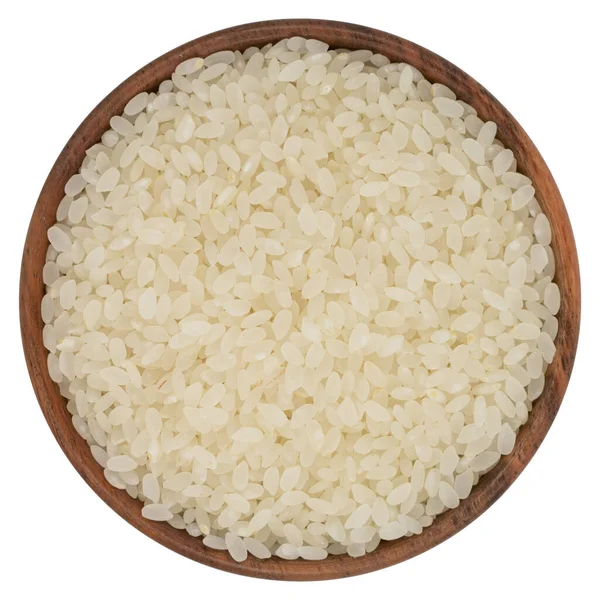 Reis Hölzerner Schüssel Isoliert Auf Weißem Hintergrund Ansicht Von Oben — Stockfoto