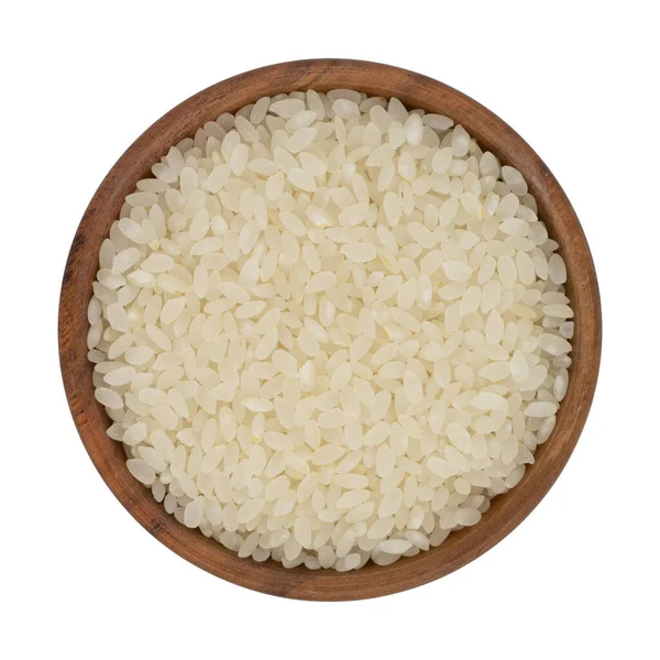 Rice Wooden Bowl Isolated White Background Top View — Stock Photo, Image