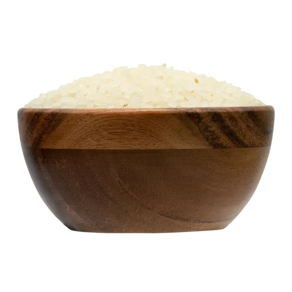 Reis Rund Holzschale Isoliert Auf Weißem Hintergrund — Stockfoto