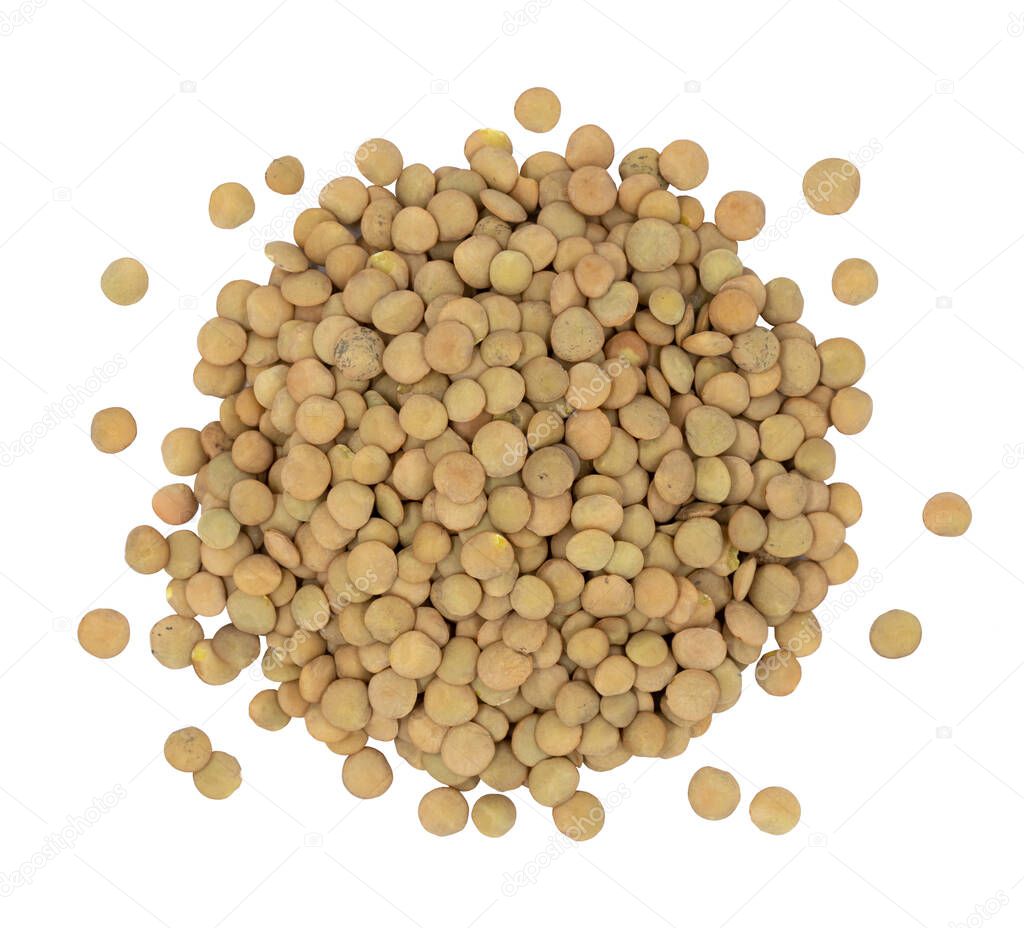 Pile lentil isolated on white background. Top view.