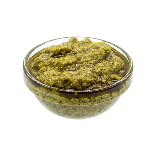 Glasschale Mit Grüner Pesto Sauce Isoliert Auf Weißem Hintergrund — Stockfoto