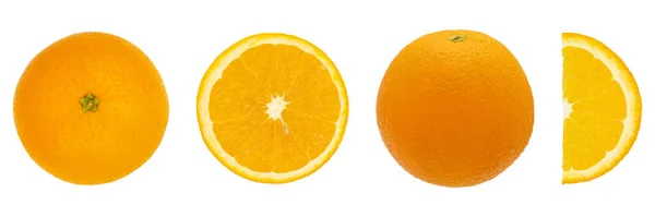 Zestaw Pomarańczowych Owoców Całe Pół Plasterki Pomarańczy Odizolowane Białym Tle — Zdjęcie stockowe