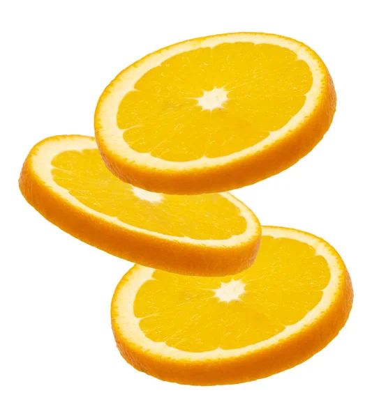 Tranches Orange Juteuses Volantes Isolées Sur Fond Blanc — Photo