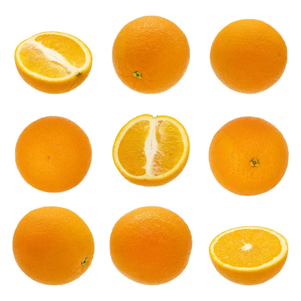 Bir Çift Portakal Meyvesi Tam Yarısı Dilimlenmiş Turuncu Beyaz Arka — Stok fotoğraf