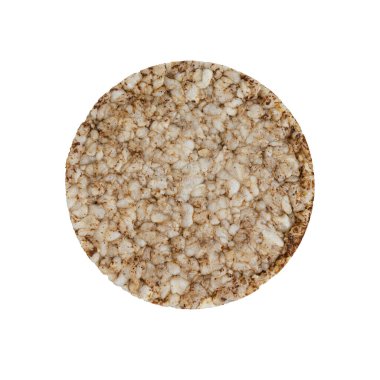 Beyaz arka planda izole edilmiş tek pirinç keki, kabarık kepekli gevreğin üst görüntüsü