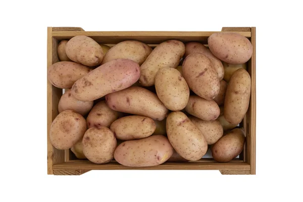 Wooden Crate Fresh Ripe Organic Red Potatoes White Background Raw — Stock Photo, Image