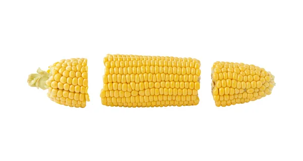 白色背景的新鲜玉米片 全片剥皮玉米 顶部视图 — 图库照片