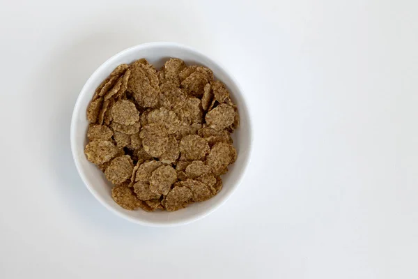 Cuenco Blanco Copos Maíz Concepto Desayuno Copos Cereales Copos Grano — Foto de Stock